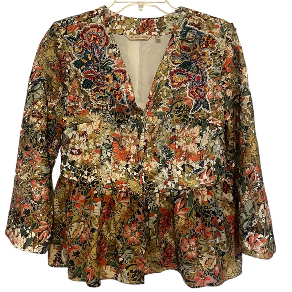 Soft Surroundings Floral Collage Ariege Jacket Cardigan top Beaded Embroidery